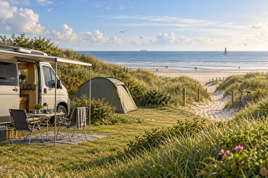 KI-generierte Illustration eines Wohnmobils und Zelts an einem Dünenweg zur Nordsee