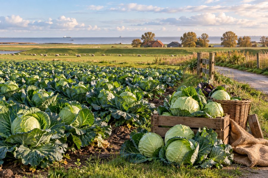 KI-Symbolbild: Kohlköpfe auf einem Feld in der Marsch